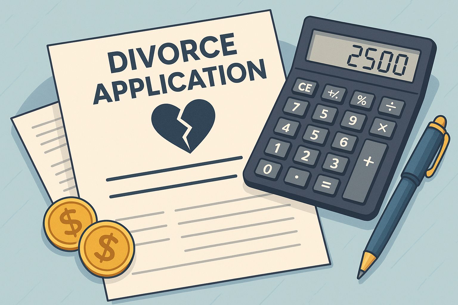 Divorce application documents and calculator showing costs.jpeg